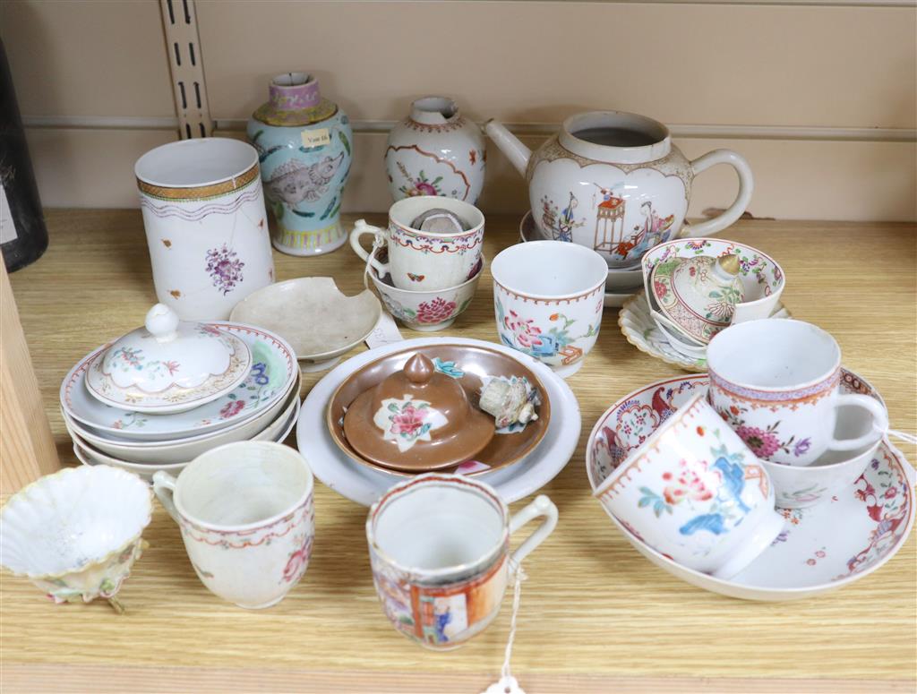 A collection of 18th century Chinese enamelled tea bowls, cups and saucers etc, mostly damaged